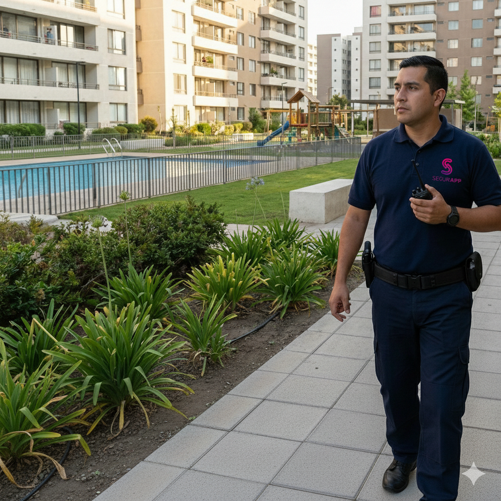 guardia de seguridad realizando ronda por áreas comunes de un condominio