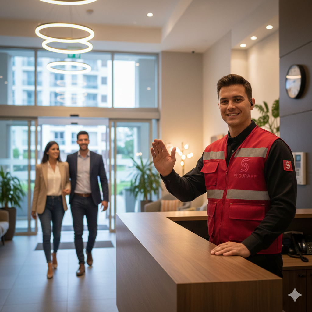 guardia de seguridad en condominio en Santiago saludando en la entrada de conserjería