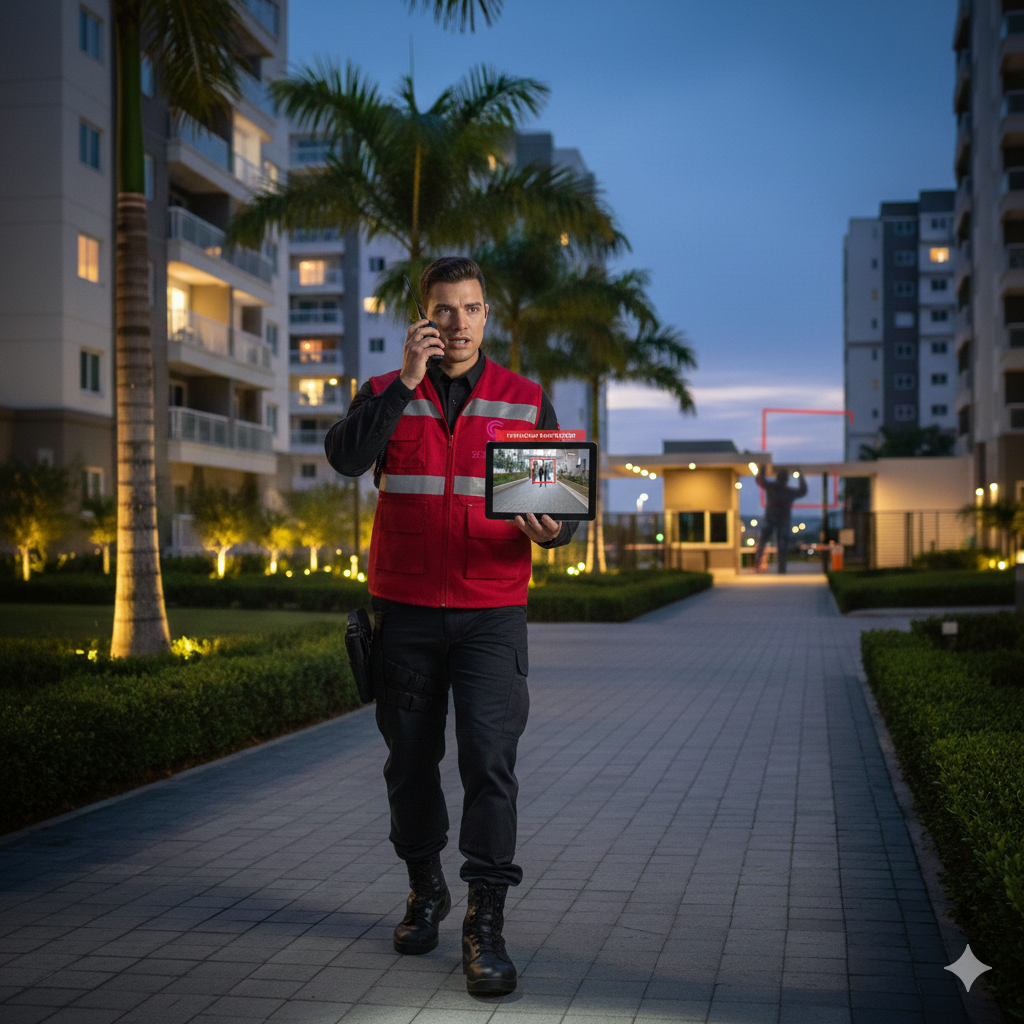 Guardia de seguridad en condominio haciendo detección de un intruso por medio de las cámaras de seguridad con inteligencia artificial