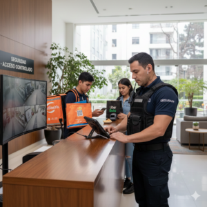 guardia de seguridad realizando fiscalización a un Delivery de comidas en la recepción de un condominio