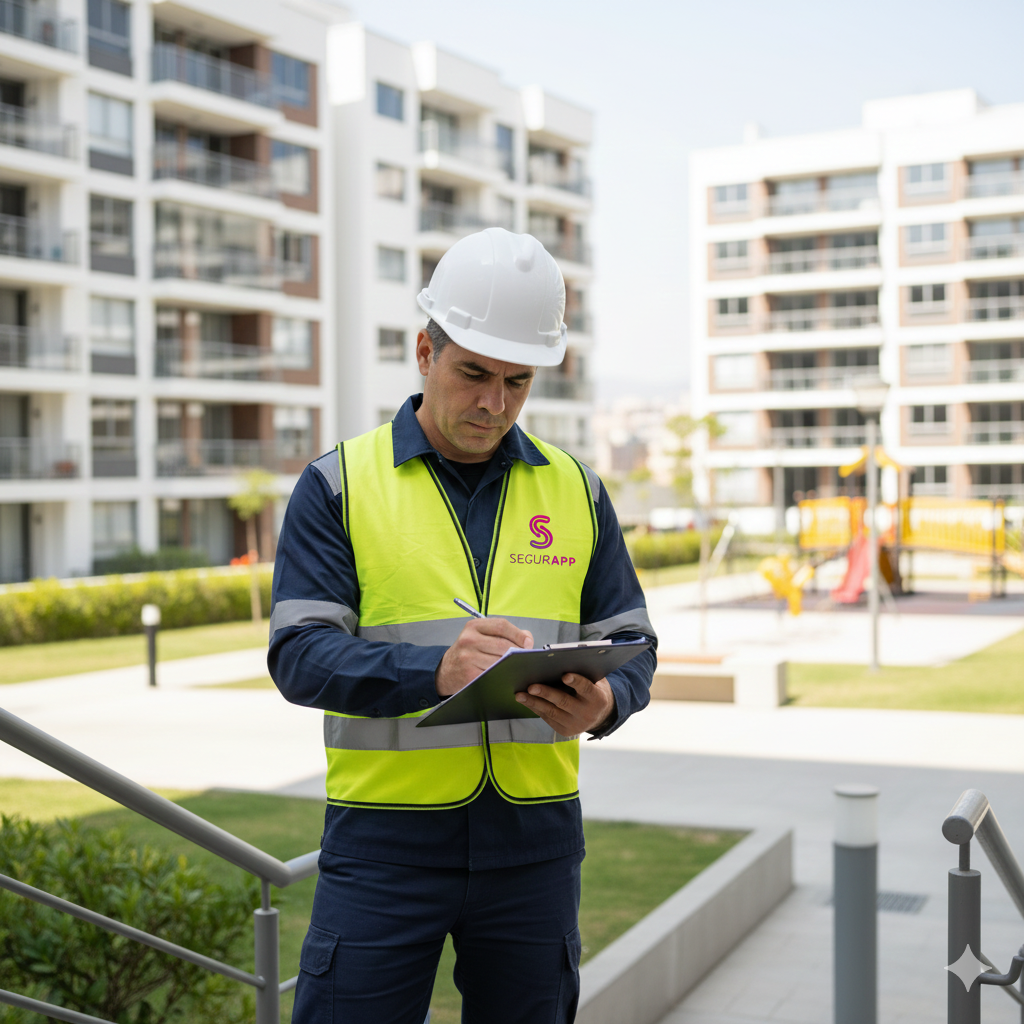 un Prevencionista de riesgos realizando una inspección de seguridad en un condominio para planes de emergencia y evacuación