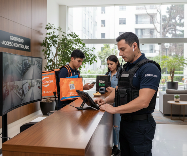 guardia de seguridad realizando fiscalización a un Delivery de comidas en la recepción de un condominio